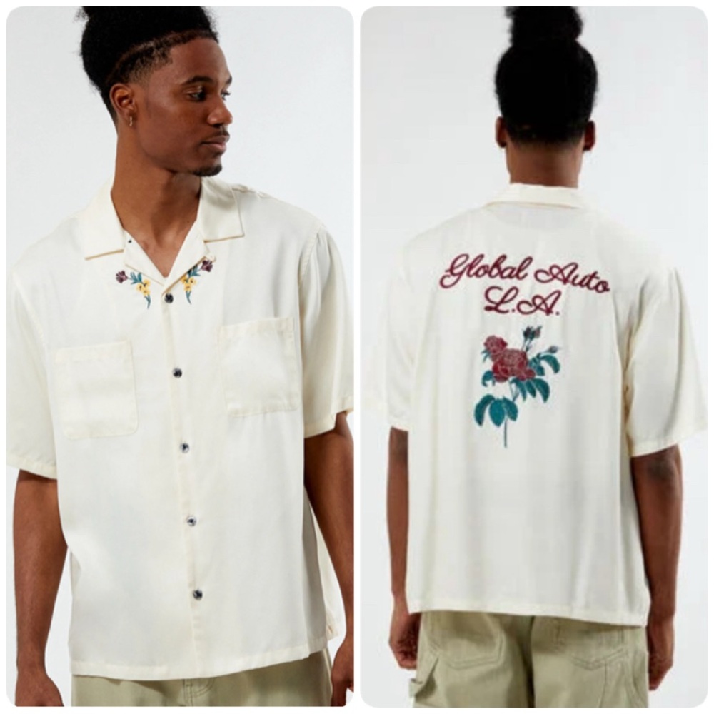 New NWT Men's PacSun Cream Floral Embroidered Camp Shirt Global Auto